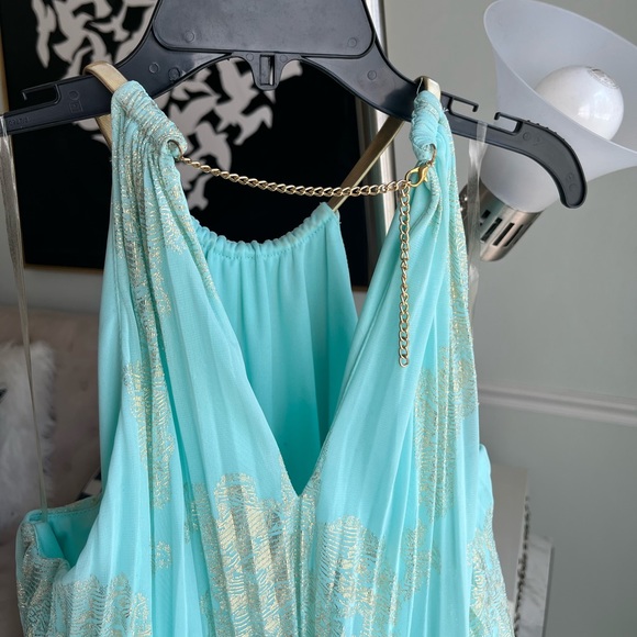 MSK Women's Gold Chain Halter Neck Maxi Woven Pleated Dress - Picture 12 of 15